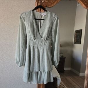 Japna Sage Green Polka Dot Long-Sleeve Tiered Dress